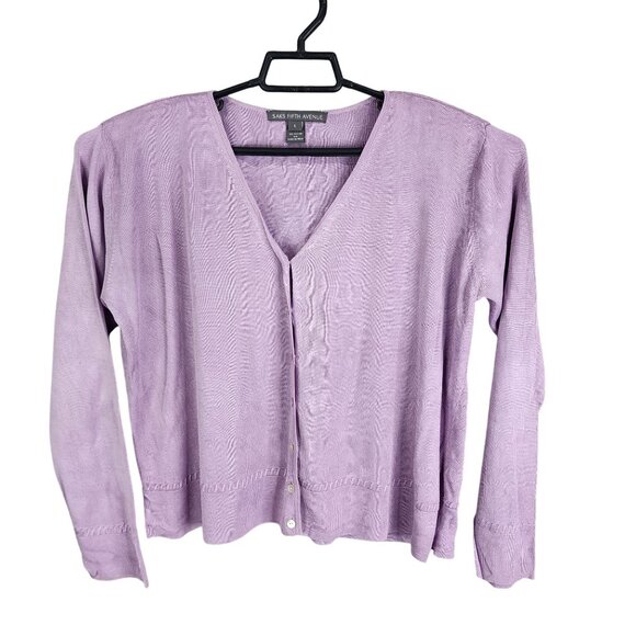 Womens Purple Saks Fifth Avenue 100% Tussah Silk Cardigan Sweater Button Down L - Picture 1 of 8